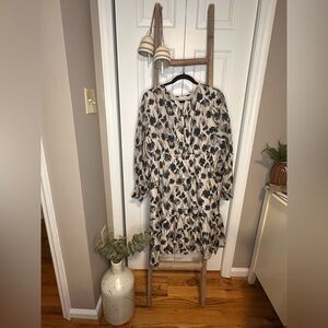 Chic Soul Beige Dress with Black Floral Print - Long Sleeve Tiered
